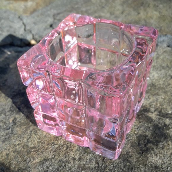 Crystal Candle Holder PINK Square Votive Glass Pink Cube Tea Light Glass Gift - Picture 1 of 5